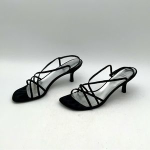 Stuart Weitzman Suspend Black Open Toe Slip-On Strappy Kitten Heel Sandals